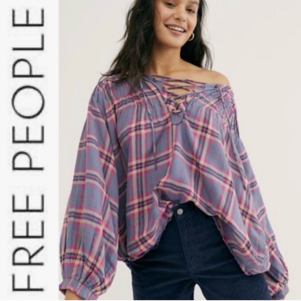 FREE PEOPLE WE THE FREE CLOUDBREAKER PINK AND BLUE PLAID PEASANT BLOUSE